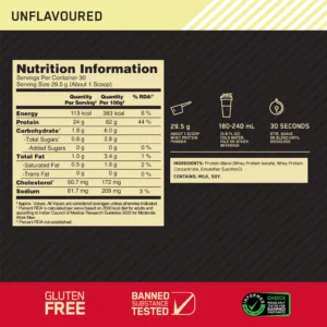 unflavoured optimum nutrition (on) gold standard 100% whey protein powder 2 lb, 907 g